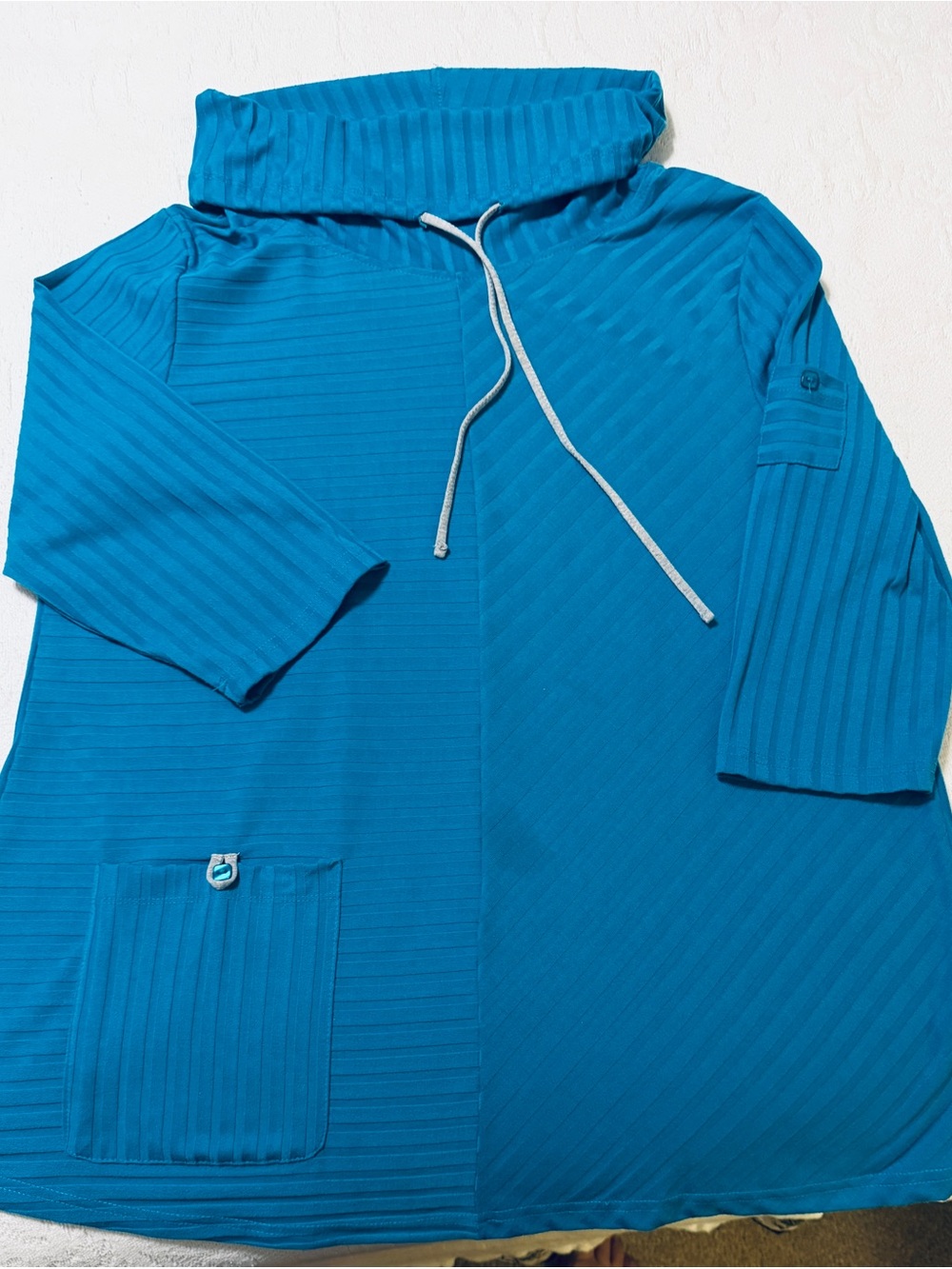 Relaxed Ribbed Tunic with Funnel Neck in Teal